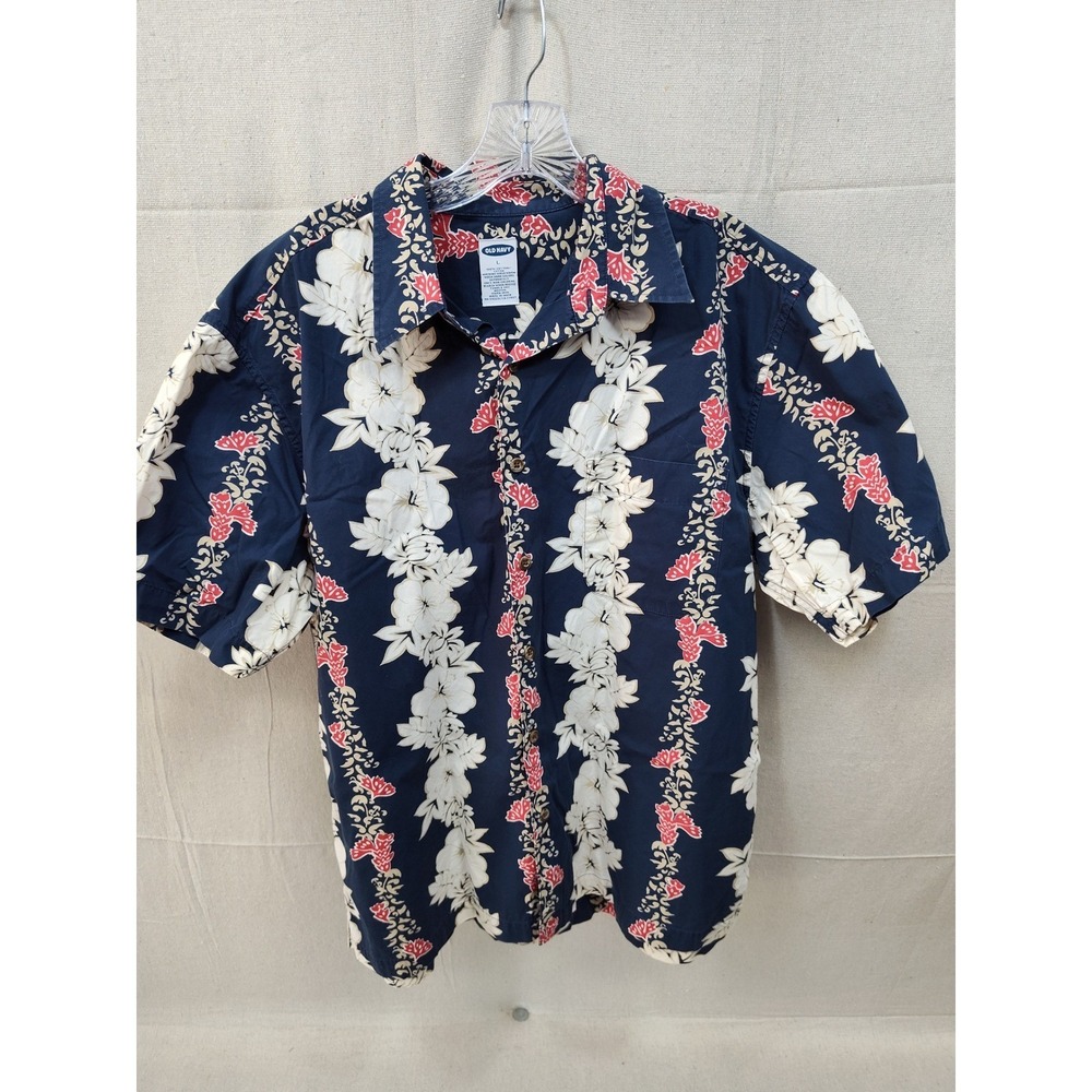 Old Navy Mens Large Floral Hawaiian Shirt Navy Blue Cotton Short Sleeve Tropical